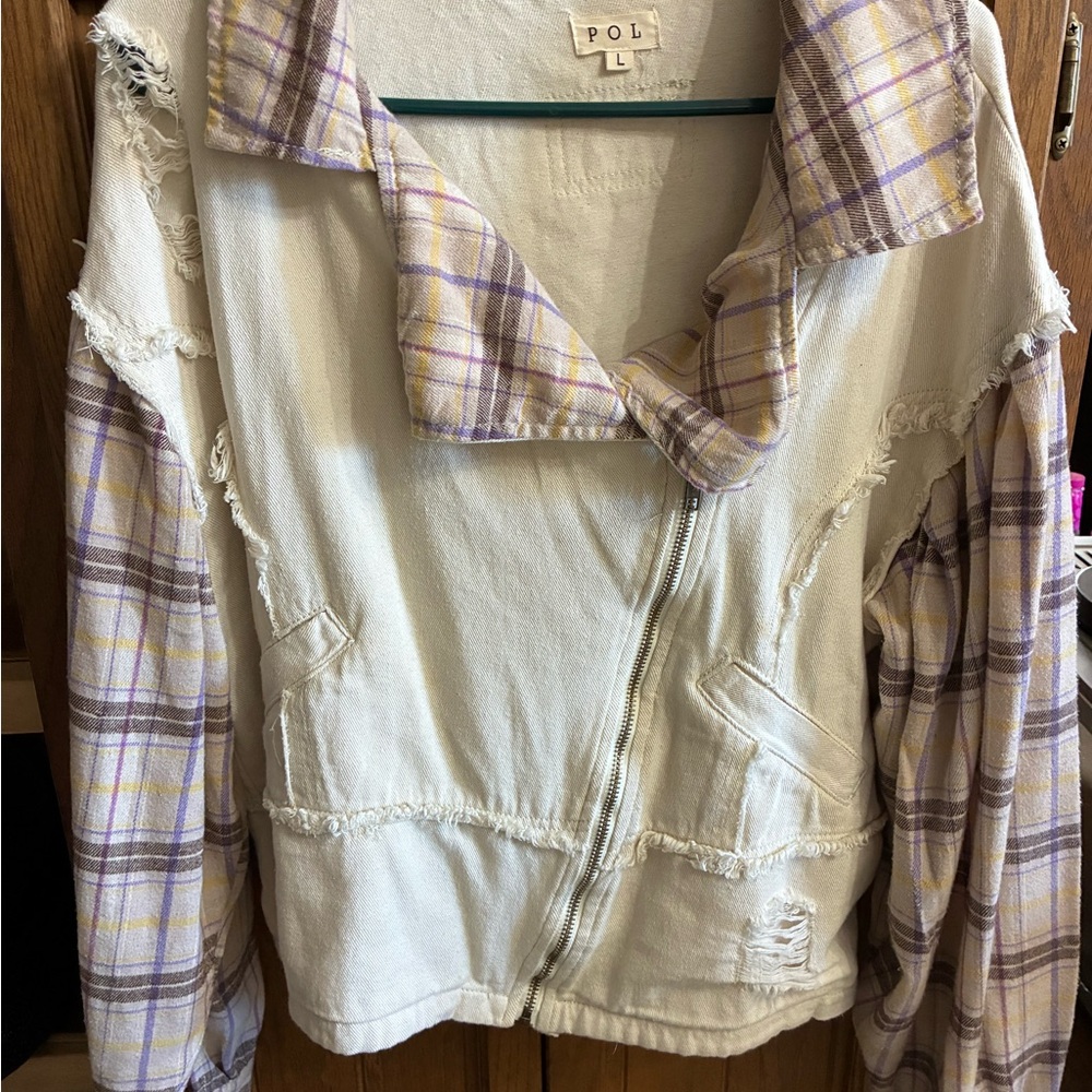 POL Women's Cream Jacket with Purple Plaid Sleeves